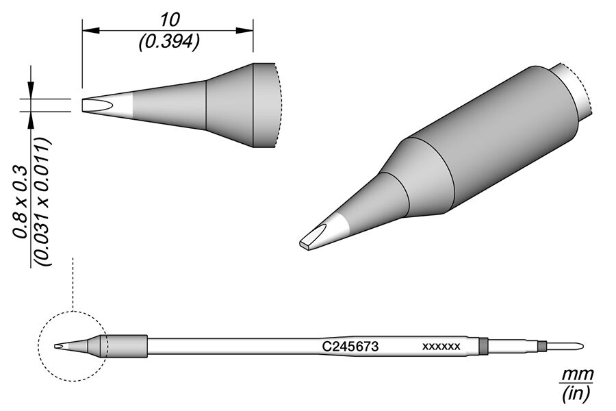 The image shows a technical drawing of a pen. It has a pointed tip, a round body, and is shown from various sides with dimensions.