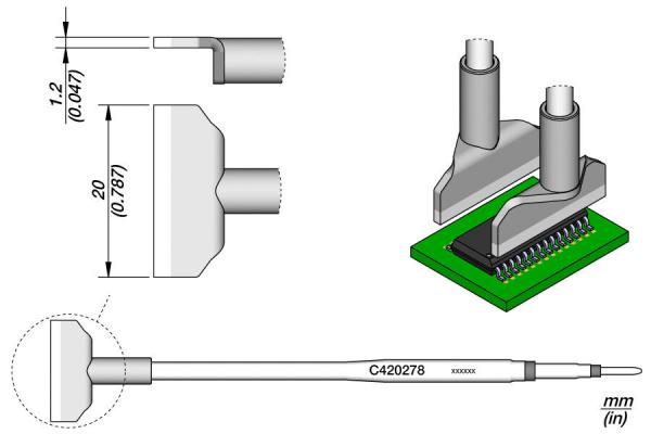 The image displays a technical drawing of a test adapter. It consists of a housing with two connectors aligned with a green circuit board. Dimensions are provided.