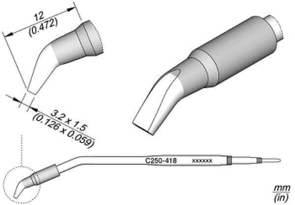 Das Bild zeigt technische Zeichnungen eines schmalen, gewinkelten Instruments mit einem zylindrischen Griff. Maße sind in Millimetern angegeben. Es sind mehrere Ansichten zu sehen.