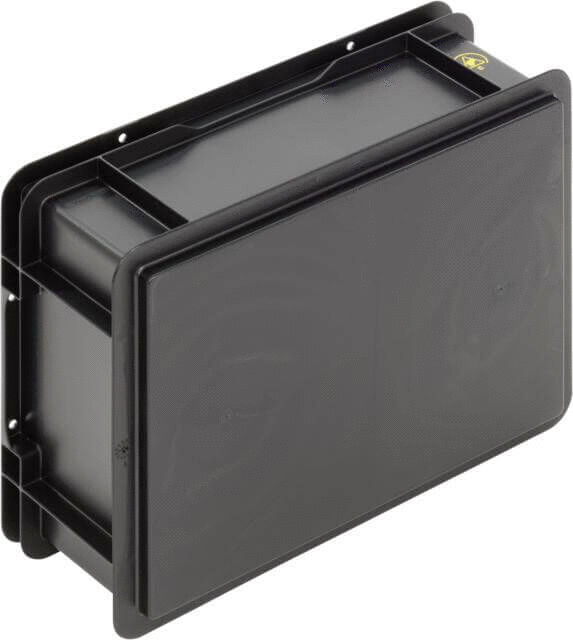 The image shows a black box with a rectangular shape. It has smooth surfaces and could serve as a container or enclosure for technical devices.