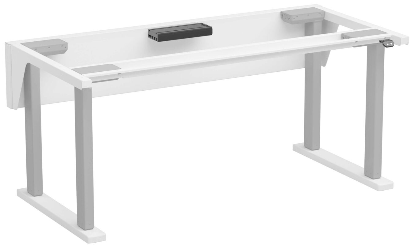 The table is modern and has a white surface with gray legs. In the center, there is a narrow shelf. It appears sturdy and is well-suited for a workspace.