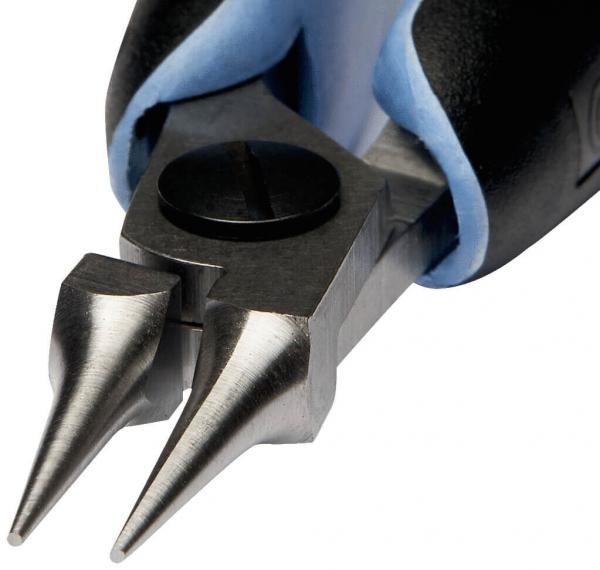 The image shows a pair of pliers with two pointed, metallic jaws. The handle is black with blue accents and has a screw in the middle for adjustment.