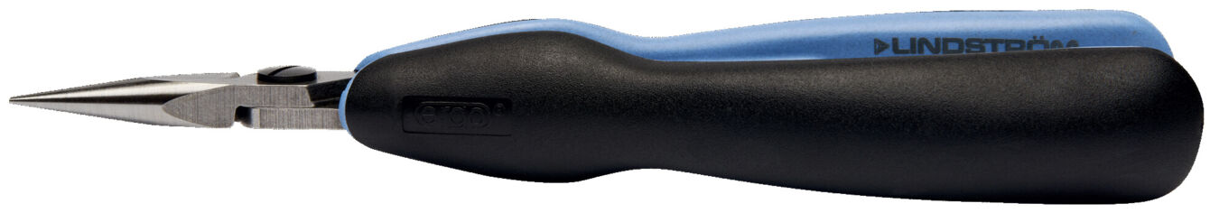 The image shows a pair of pliers with a pointed, narrow blade and an ergonomic handle. The handle is black with blue accents, and the blade is made of polished metal.