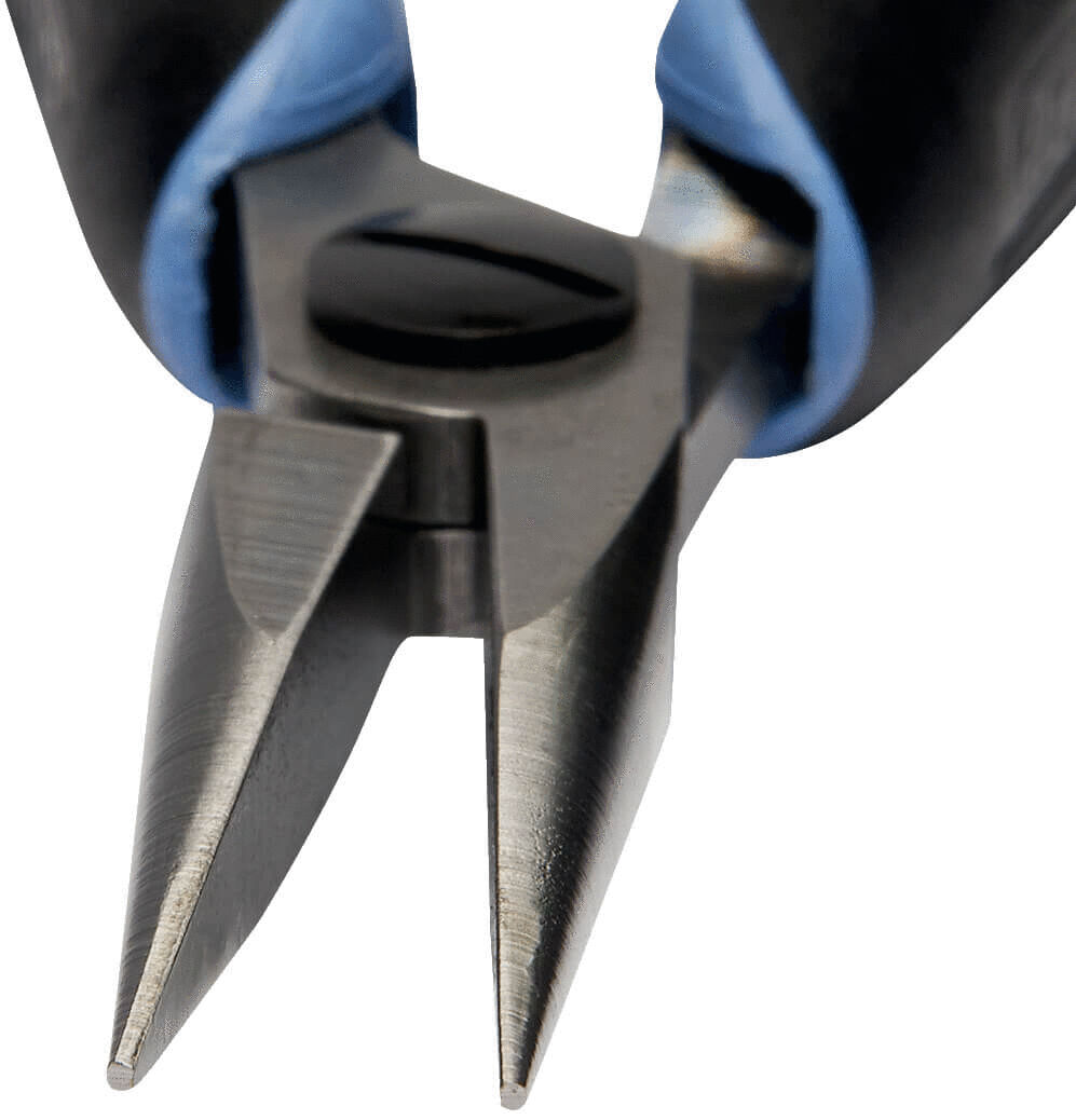 The image shows a pair of pliers with two sharp, pointed blades that meet at a pivot point. The handle has a matte and a rubberized surface for better grip.