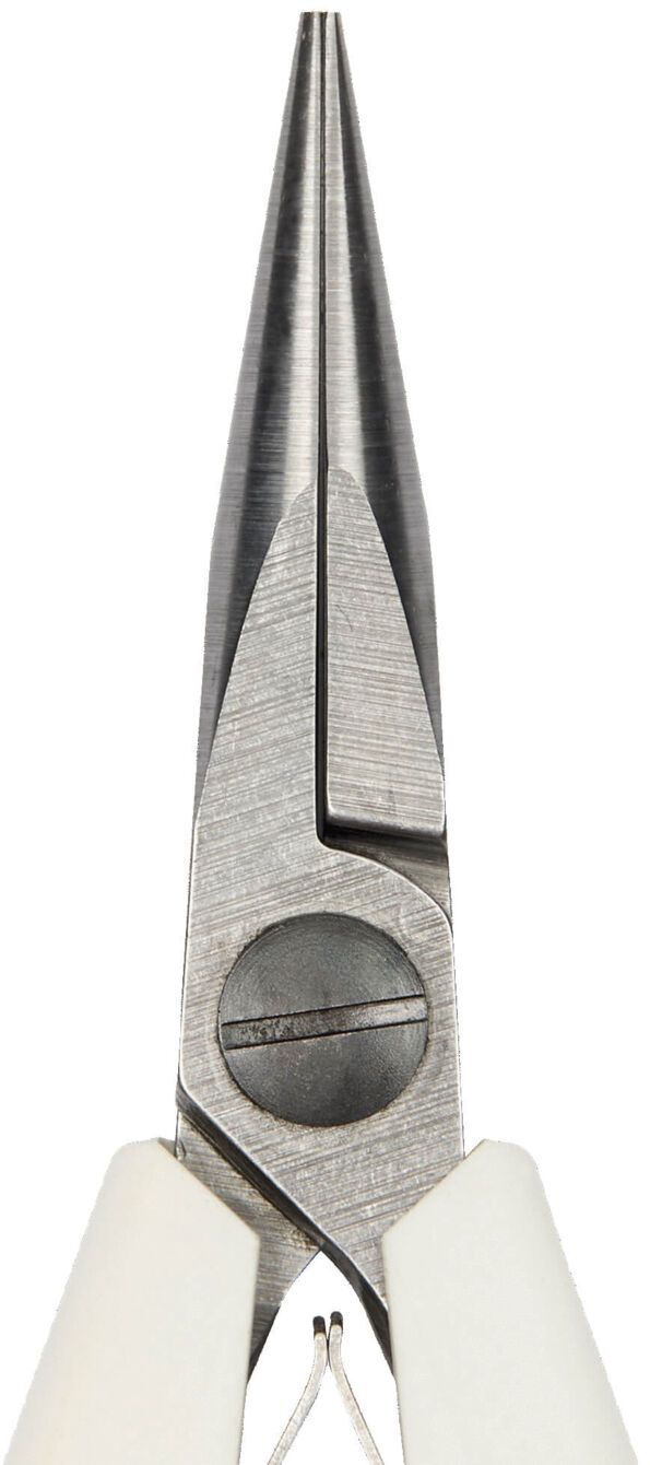 The image shows a pointed pair of pliers with narrow, metallic jaws and white handles. The jaws are slightly angled and end in a fine tip, ideal for grasping small objects.