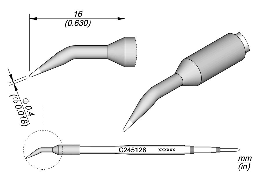 The image shows a technical drawing of a tool with a pointed end, a cylindrical handle, and measurements. Various views of the tool are depicted.