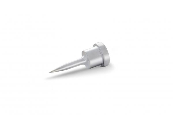 The image shows a silver metal nail with a sharp, narrow tip and a broad, flat head. It is shiny and has a smooth surface.