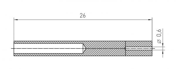 Das Bild zeigt eine technische Zeichnung eines zylindrischen Objekts. Es hat eine Gesamtlänge von 26 mm und einen Durchmesser von 0,6 mm. Der Querschnitt ist schattiert dargestellt.