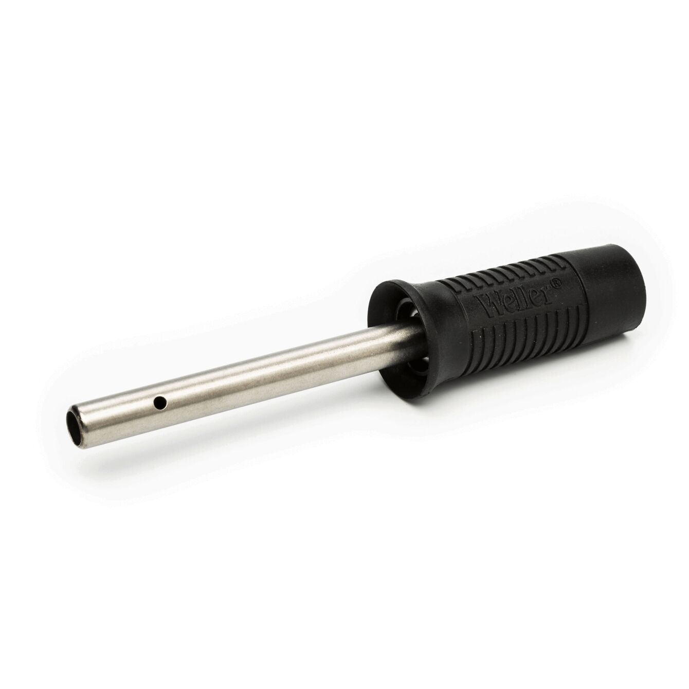 The image depicts a soldering iron with a slim, metallic tip and a non-slip, black handle that features a textured surface.