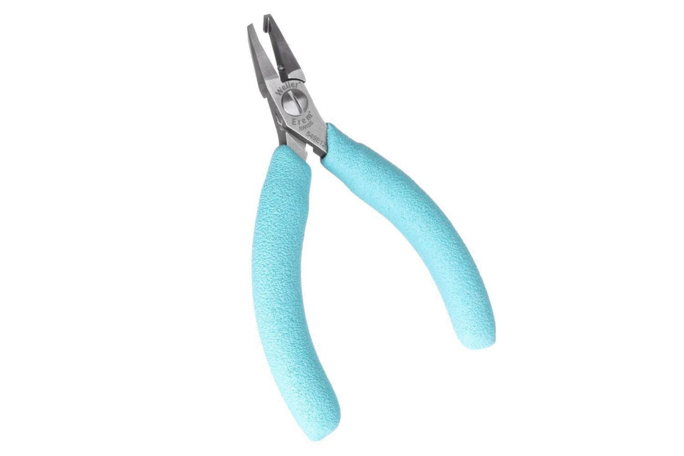 The image shows a small pair of pliers with metallic tips and ergonomic, blue-coated handles. It is intended for precise tasks, such as in jewelry making.