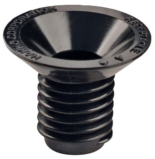 The image shows a small, conical funnel made of black plastic. The upper part is wider and the opening has a bowl-shaped structure. The lower part has spiral grooves.