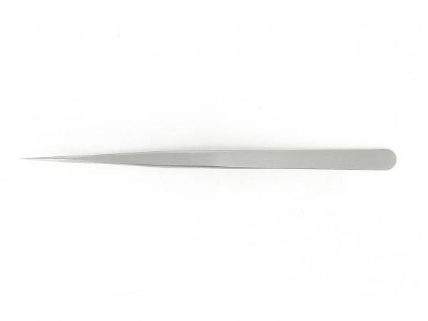 The image shows a pointed, metallic tweezer. It is long and narrow with a slightly rounded base and a sharp tip for gripping small objects.