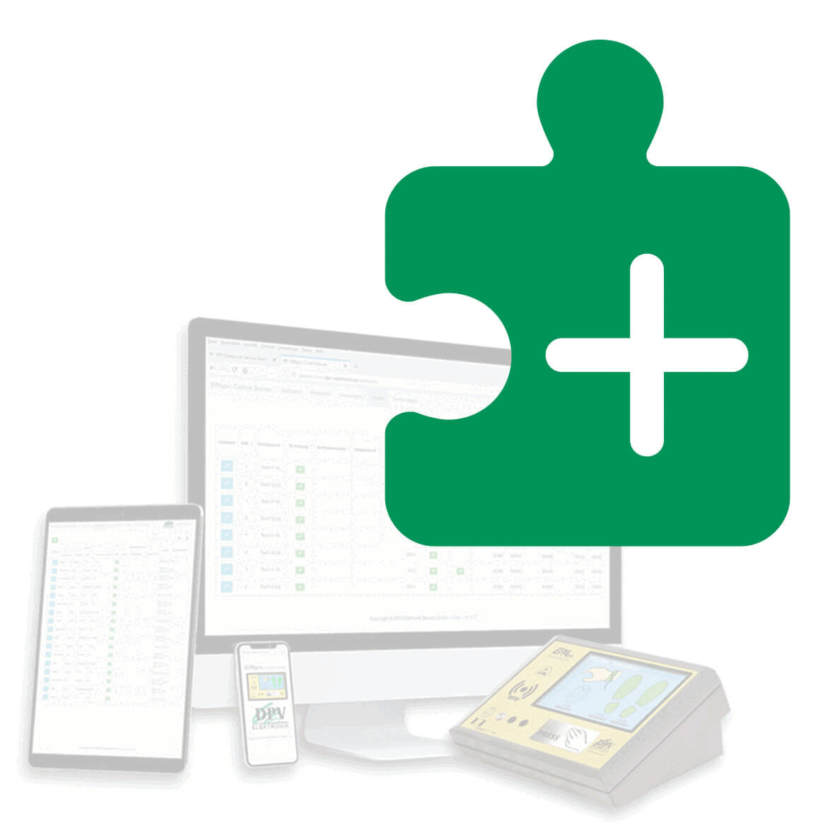 The image displays a large green puzzle piece icon positioned on various devices such as a monitor, a tablet, and a smartphone against a bright background.