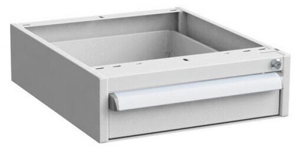 The image shows a gray drawer without a front. It is open and has a smooth, flat drawer front with a handle for pulling out. The interior is empty.