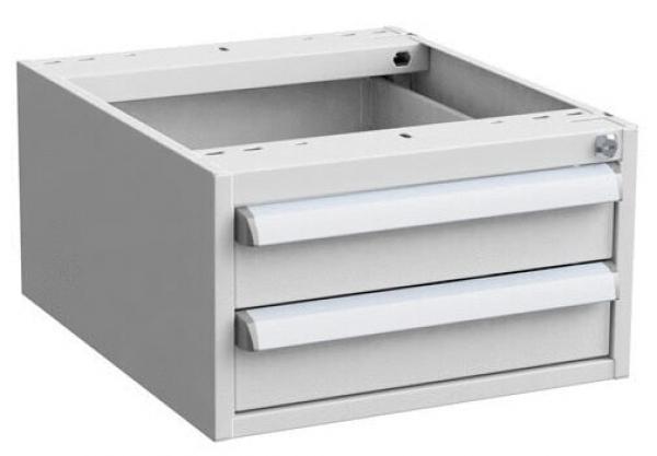 The image shows a gray drawer unit with two drawer fronts. The top edges are rounded. The body is open, and there are holes on the top for mounting.