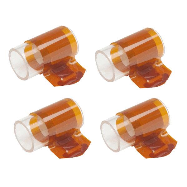 The image shows four orange, transparent containers with a wide opening and a sturdy base. The containers are tilted and have a simple, functional shape.