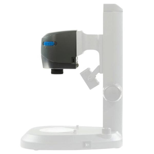 The image shows a microscope with a gray lens and a white stand. It has a slide holder and is sleek and modern in shape.