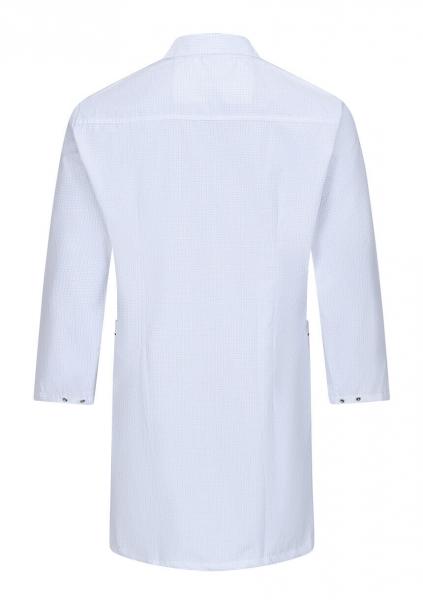 The image shows a white coat with long sleeves. The coat has a classic collar and is smoothly cut at the back. It has two side pockets and is made from lightweight material.