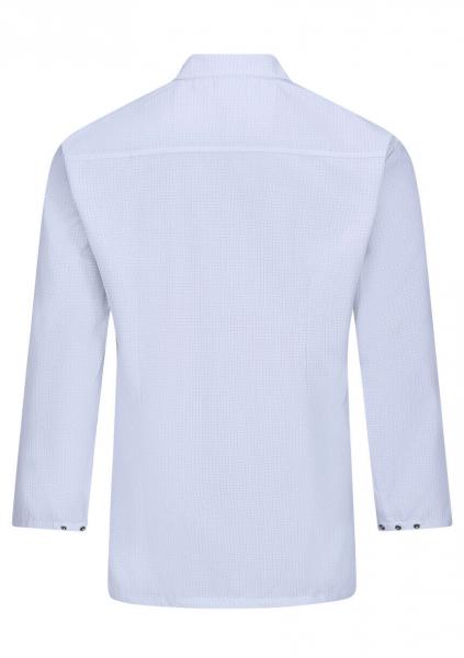 The image displays the rear view of a light blue shirt with long sleeves. It features a classic collar and buttonable cuffs. The fabric appears light and simple.