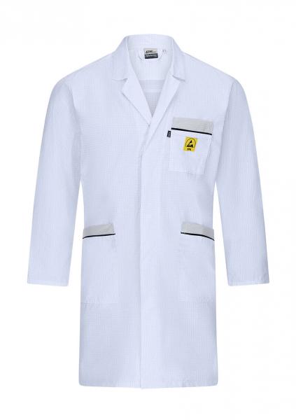 The image shows a white lab coat with long sleeves. It has a chest pocket with a warning symbol and black details on the pockets. The coat looks professional and clean.