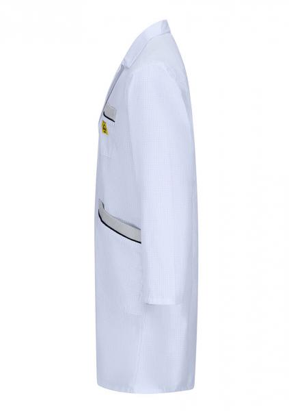 The image shows a white coat made from a lightweight, smooth material. The coat has long sleeves, a chest pocket, and a narrow, dark stripe along the pocket.