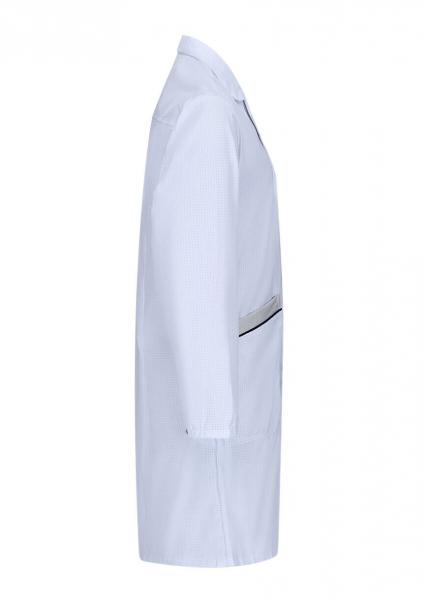 The image shows a white lab coat in side view. The coat has long sleeves, a collar, and a chest pocket with a dark zipper. It is straight-cut.