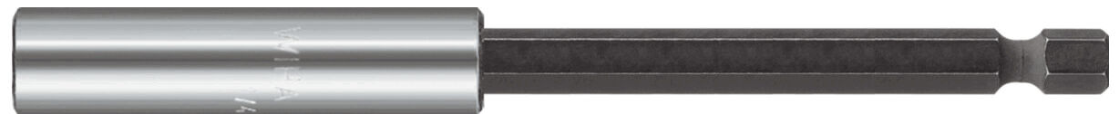 The image shows a long, narrow metal tool attachment. The front part is rounder and shiny, while the rear part has a hexagonal shape and is darker. The attachment is intended for screwdrivers.