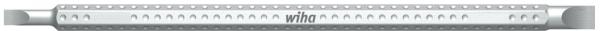 The image shows a long, straight ruler. It has a scale with numbers and small marks on one side that indicate measurements. The ruler is light-colored and made of plastic.