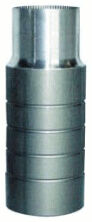 The image shows a metallic cylinder with smooth and grooved areas. It is narrower at the top and widens towards the bottom, has a shiny surface, and appears sturdy.