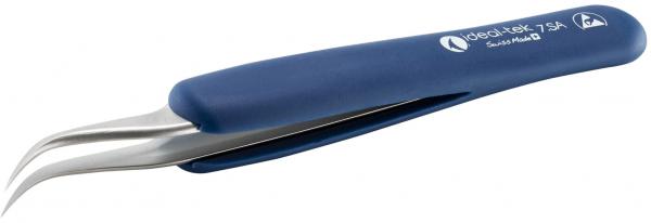 The image shows a pair of tweezers with a blue handle and two curved, silver tips. The tweezers are slim and lightweight, designed for precise gripping.