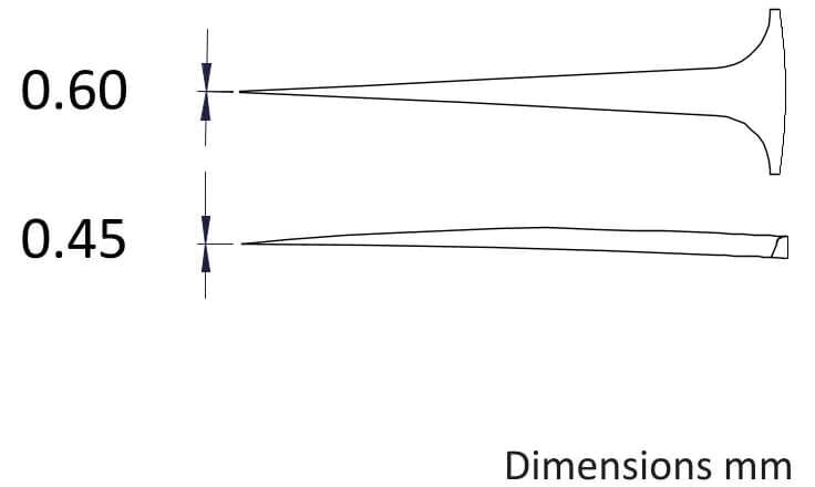 Das Bild zeigt zwei senkrechte Linien mit verschiedenen Breiten: eine mit 0,60 mm und eine mit 0,45 mm. Unter den Linien steht ?Dimensions mm?. Die Linien sind spitz zulaufend.