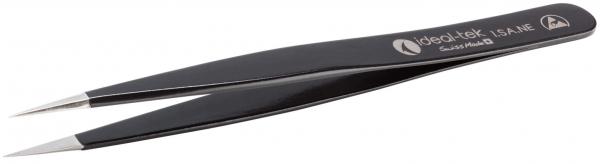 The image shows a black tweezer with narrow, pointed tips. It is slightly curved on the side and has a logo on one side. The surface is smooth and shiny.