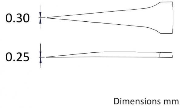 Das Bild zeigt zwei technische Zeichnungen von spitzen Objekten, die in Millimetern dimensioniert sind. Oben ist ein spitzes Objekt mit 0,30 mm, unten eines mit 0,25 mm.