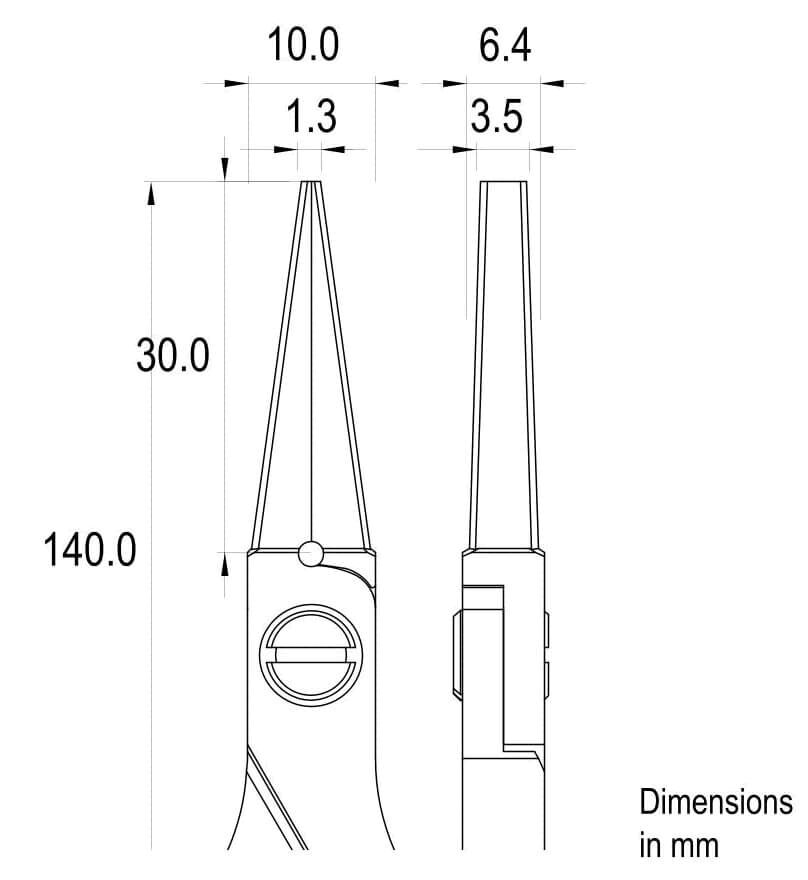 Das Bild zeigt einen technischen Zeichnungsentwurf eines Werkzeugs oder einer Zange mit Maßangaben in Millimetern. Es gibt zwei Ansichten: von vorne und von der Seite.