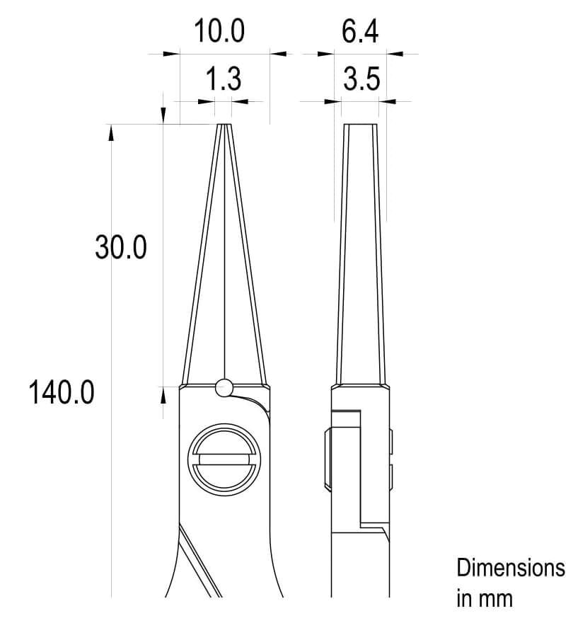 Das Bild zeigt eine technische Zeichnung eines Objekts, möglicherweise einer Zange oder ähnlichem Werkzeug. Es sind Maßlinien und Abmessungen in Millimetern angegeben.