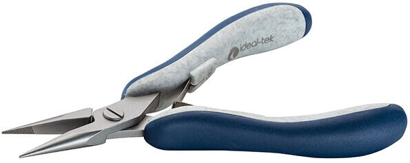 The image shows a small needle-nose pliers. It has a silver, metallic head with two sharp, pointed jaws. The handles are ergonomically shaped, with blue and gray rubber inserts.