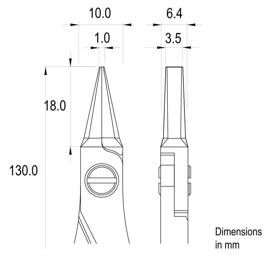 Das Bild zeigt eine technische Zeichnung eines Werkzeugs mit verschiedenen Maßen in Millimetern. Es hat eine spitze Form und zeigt Ansichten von vorne und der Seite.