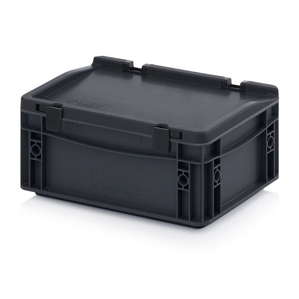 The image shows a black, rectangular plastic box with a flat lid. It has side clips for closing and a sturdy, simple structure.