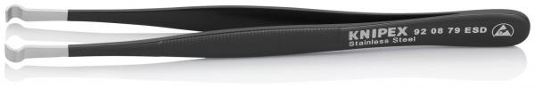 The image shows a black tweezer with a long, narrow shape and round, white tips. On one side it reads "KNIPEX" and a model number. It appears precise and ergonomic.