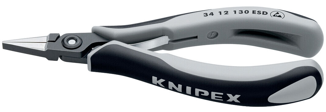 The image shows a gray and black pliers with narrow, pointed jaws. The handle is ergonomically shaped and bears the logo "KNIPEX". The pliers are suitable for precise tasks.