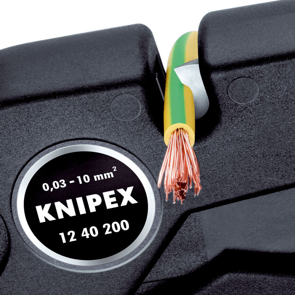 The image shows a Knipex tool pliers holding a colored wire. The wire has green and yellow insulation and exposed copper wires. There is a black marking with technical specifications on the pliers.