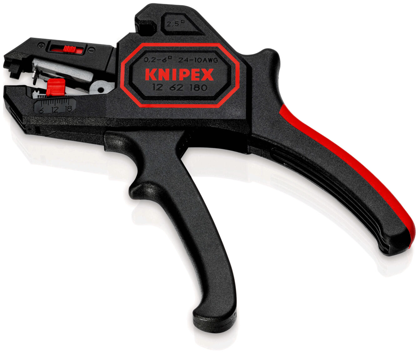 Das Bild zeigt eine schwarze Abisolierzange mit roten Akzenten. Sie hat einen ergonomischen Griff und eine Klinge zum Abisolieren von Kabeln. Die Marke "KNIPEX" ist aufgedruckt.