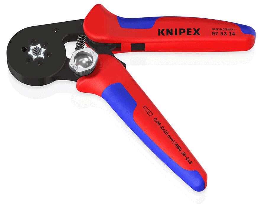 Es handelt sich um eine rote und blaue Crimpzange mit einer schwarzen Arbeitsfläche. Der Griff ist ergonomisch geformt und bietet guten Halt. Auf dem Werkzeug steht der Markenname "KNIPEX".