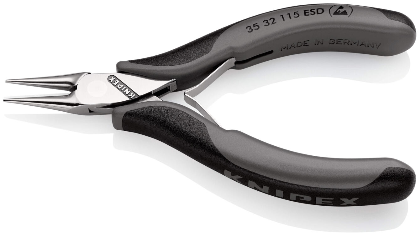 The image shows a pointed pair of pliers with narrow, long jaws, suitable for precise gripping and bending of small parts. The handles are ergonomic and black.