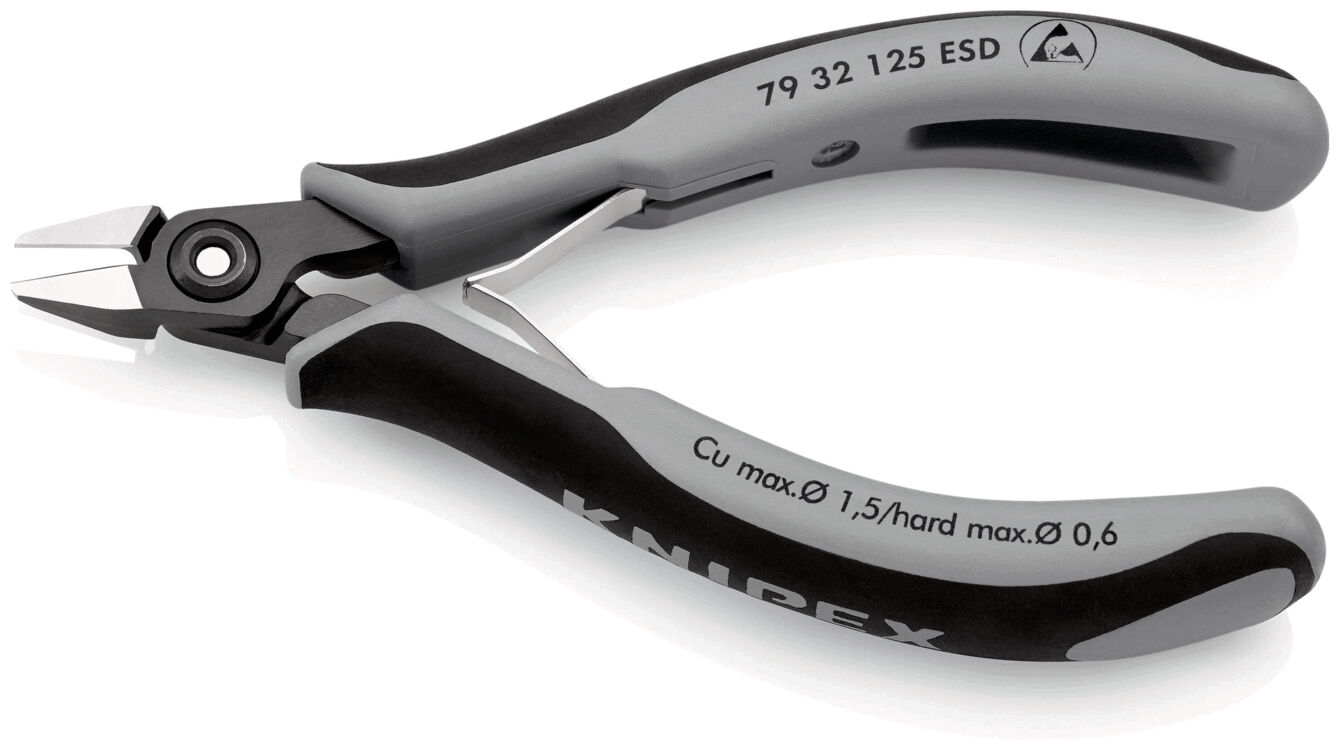 The image shows a small pair of pliers with gray and black handles. The pliers have a pointed, sharp cutting edge and are well suited for cutting thin wires or cables.