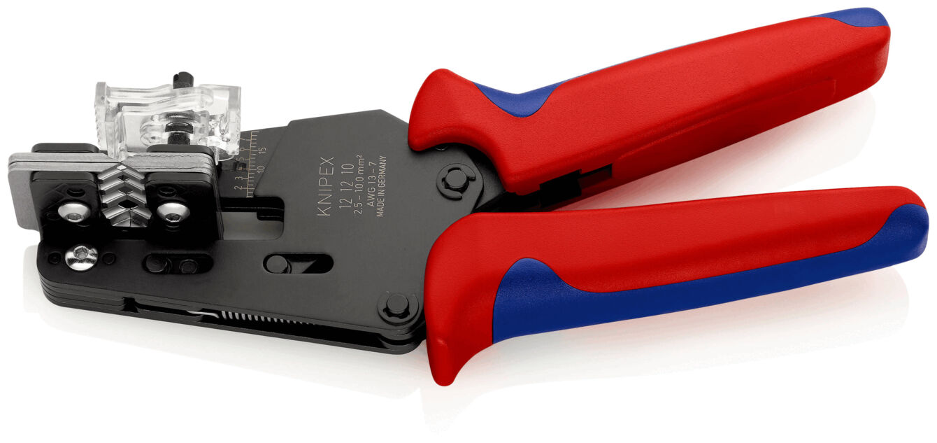 The image shows a wire-cutting pliers with red handles and blue accents. The pliers have a metallic, black surface and a transparent, rectangular holder.