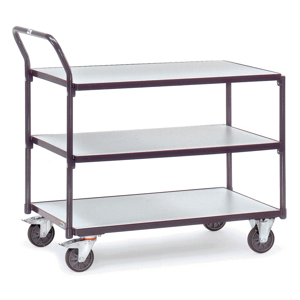 The image shows a cart with three open shelves. It has a sturdy metal frame, a handle at the front, and four wheels for mobility. The shelves are flat and light.