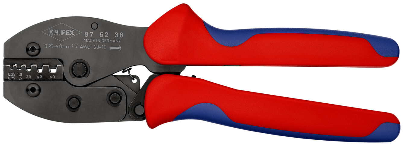 The image shows a crimping tool with red and blue handles. The tool has a black working surface with various notches for cable-based work. It is ergonomically shaped.