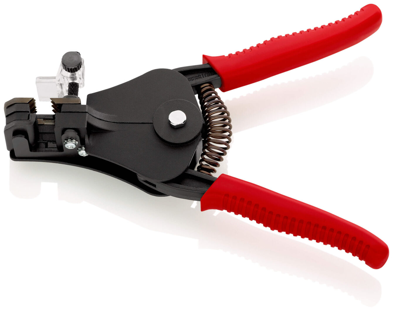 The image shows a cable cutter with red handles. It has a black metal construction and a spring-loaded mechanism. On one side, there is a small blade for stripping wires.