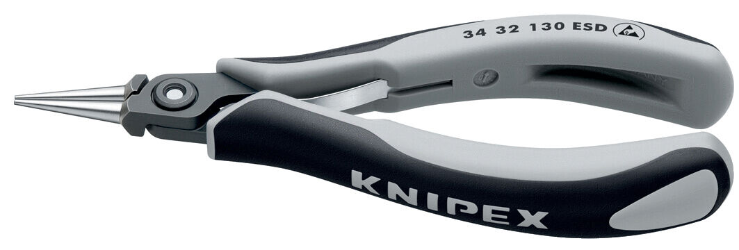 The image shows a combination pliers with long, pointed jaws. The handle is ergonomically designed, black and gray, with the inscription "KNIPEX". The pliers appear sturdy and precise.